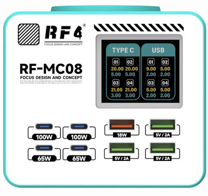 Chargeur Station RF4 RF-MC08, 150W, 5A, 4 x USB-A - 4 x USB-C, Turquoise
