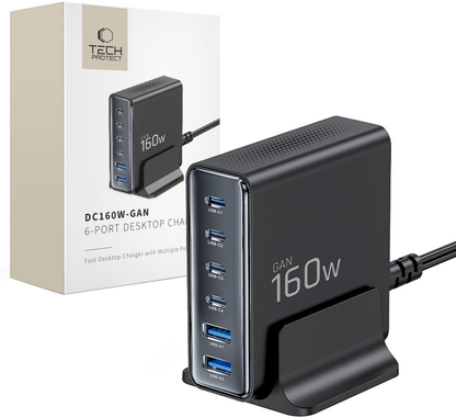 Chargeur Station Tech-Protect DC160W-GAN, 160W, 5A, 2 x USB-A - 4 x USB-C, Noir