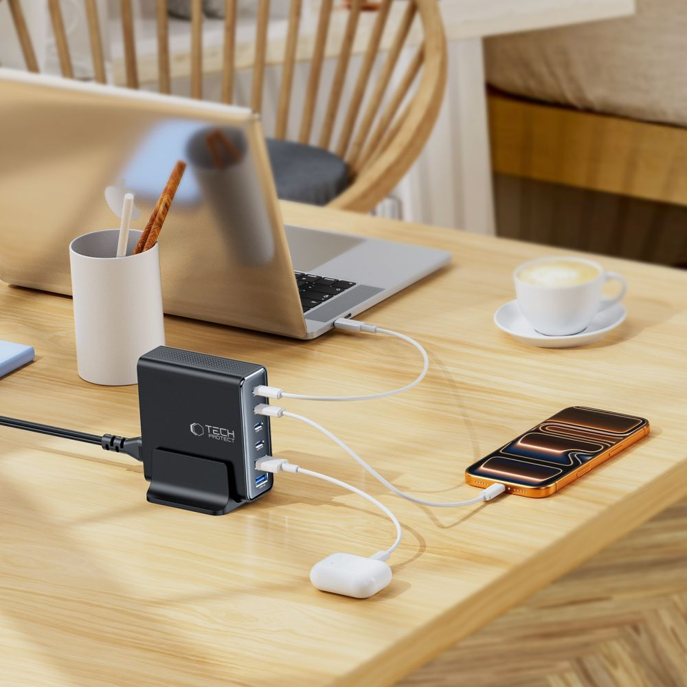 Chargeur Station Tech-Protect DC160W-GAN, 160W, 5A, 2 x USB-A - 4 x USB-C, Noir