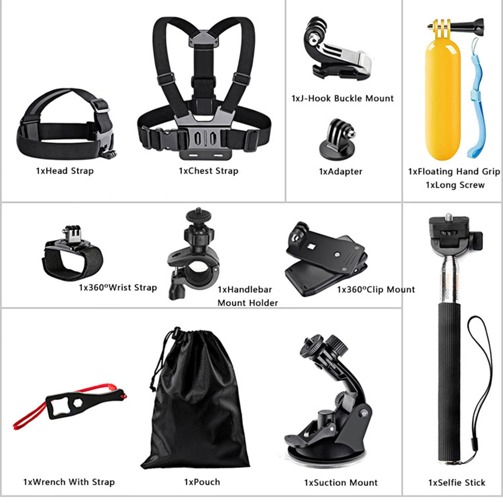 Kit d'accessoires pour caméra sport Techsuit SA15 pour GoPro / SJCAM Series, 15 en 1, Noir