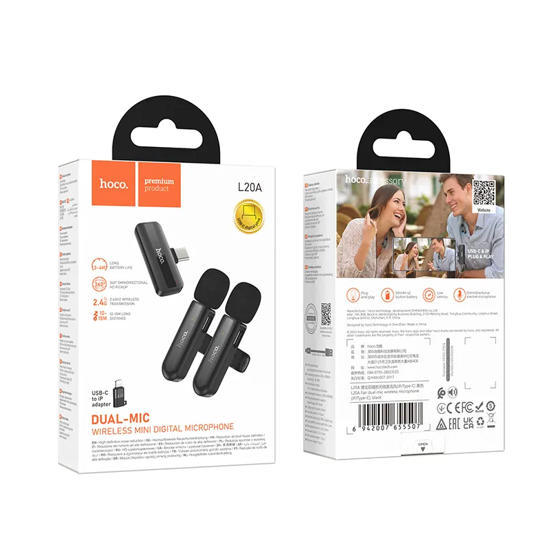 Lavaliermikrofon HOCO L20A, USB-C / Lightning, Set 2 Stück, Schwarz