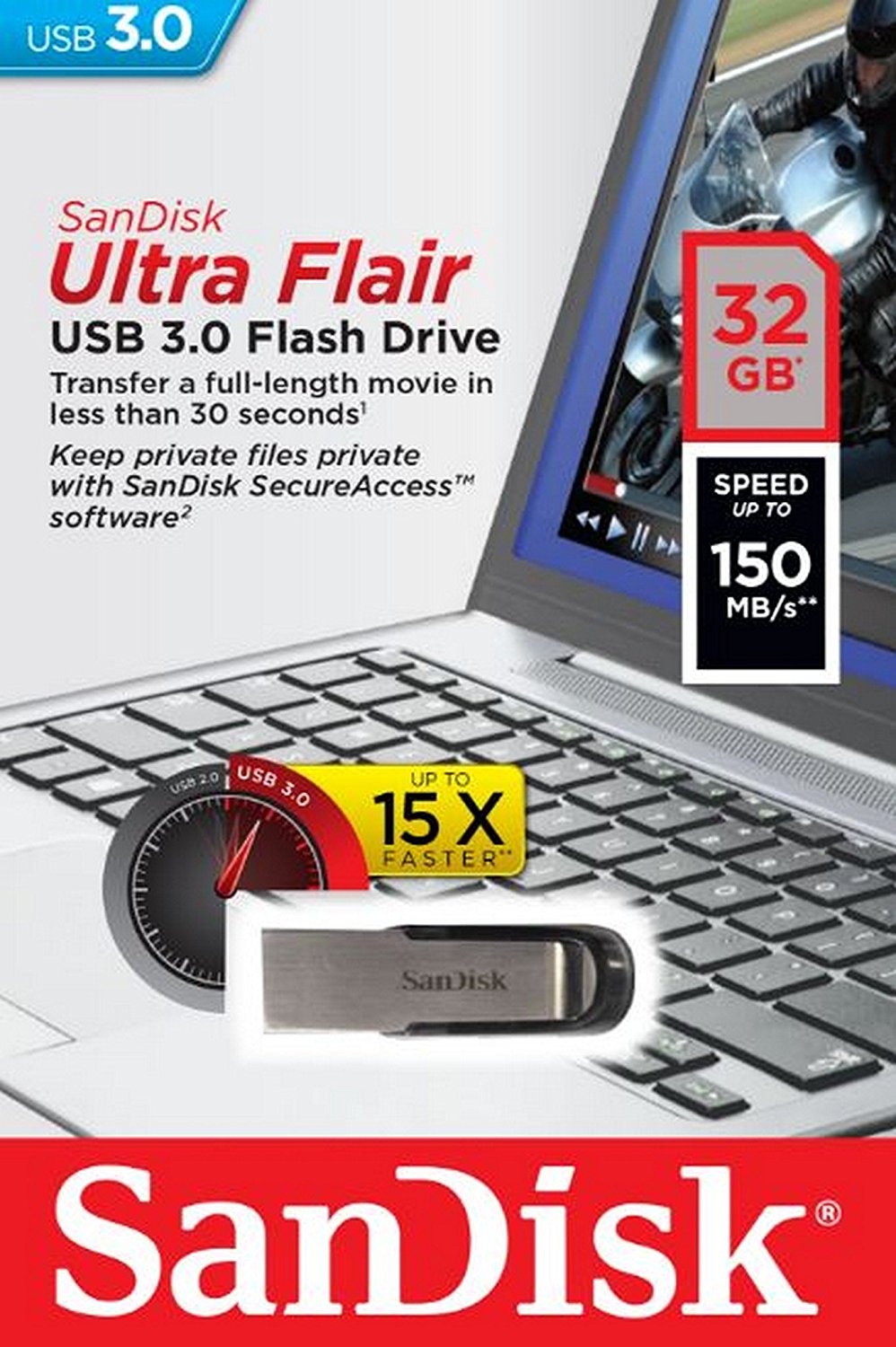 Externe USB-A 3.0 SanDisk Ultra Flair Geheugen, 32Gb SDCZ73-032G-G46