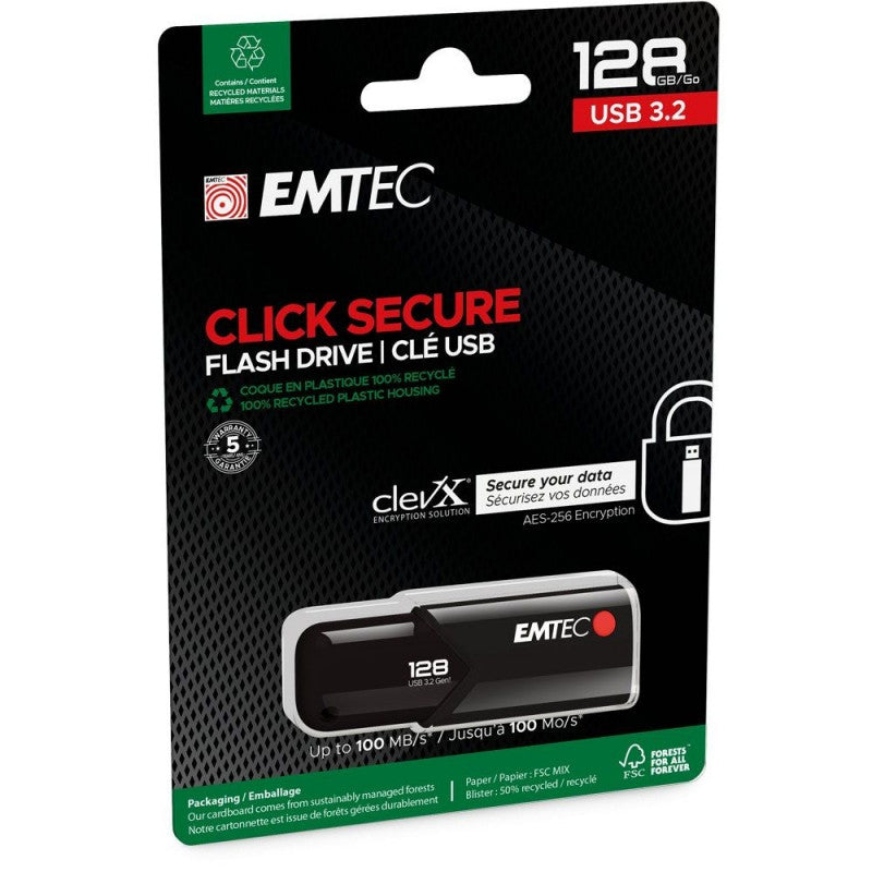 Externe USB-A 3.2 Emtec B120 Click Secure Geheugen, 128Gb ECMMD128GB123