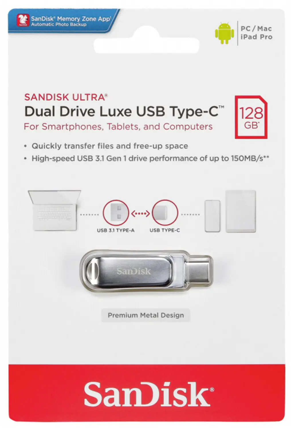 Externer Speicher USB-A 3.2 / USB-C SanDisk Ultra Luxe Dual Drive, 128Gb SDDDC4-128G-G46