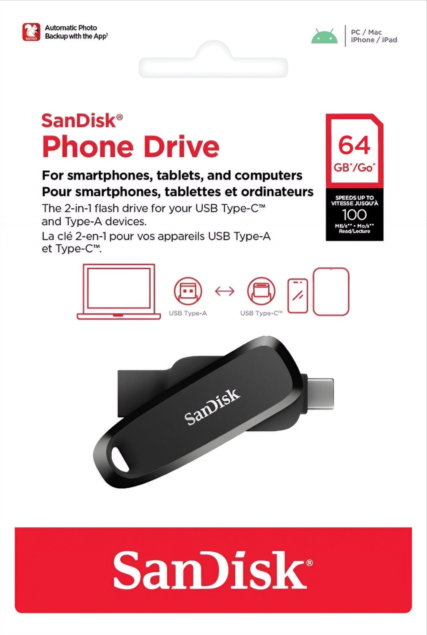 Externe Geheugen USB-A 3.2 / USB-C SanDisk Phone Drive, 64Gb SDDDC6-064G-G46