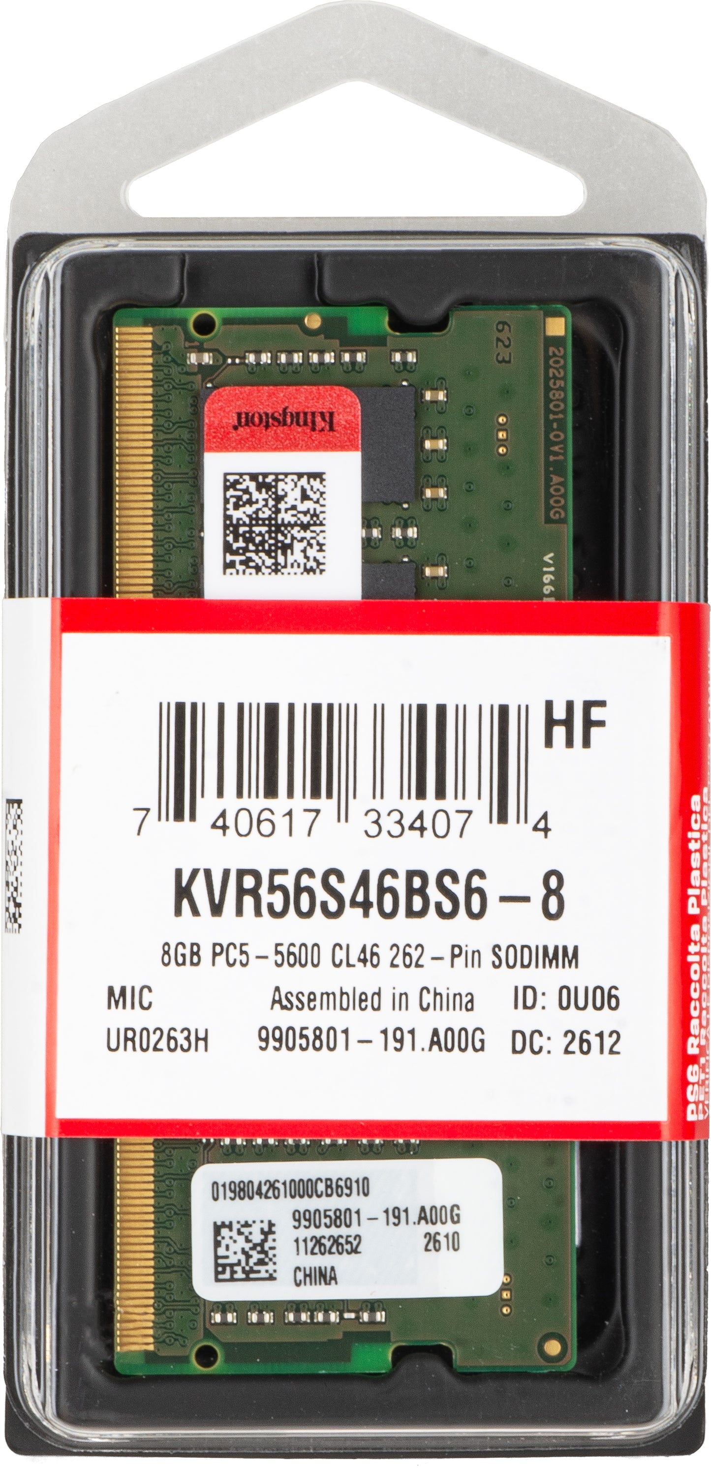 Mémoire RAM Kingston, DDR5 SODIMM, 8GB, 5600Mhz KVR56S46BS6-8