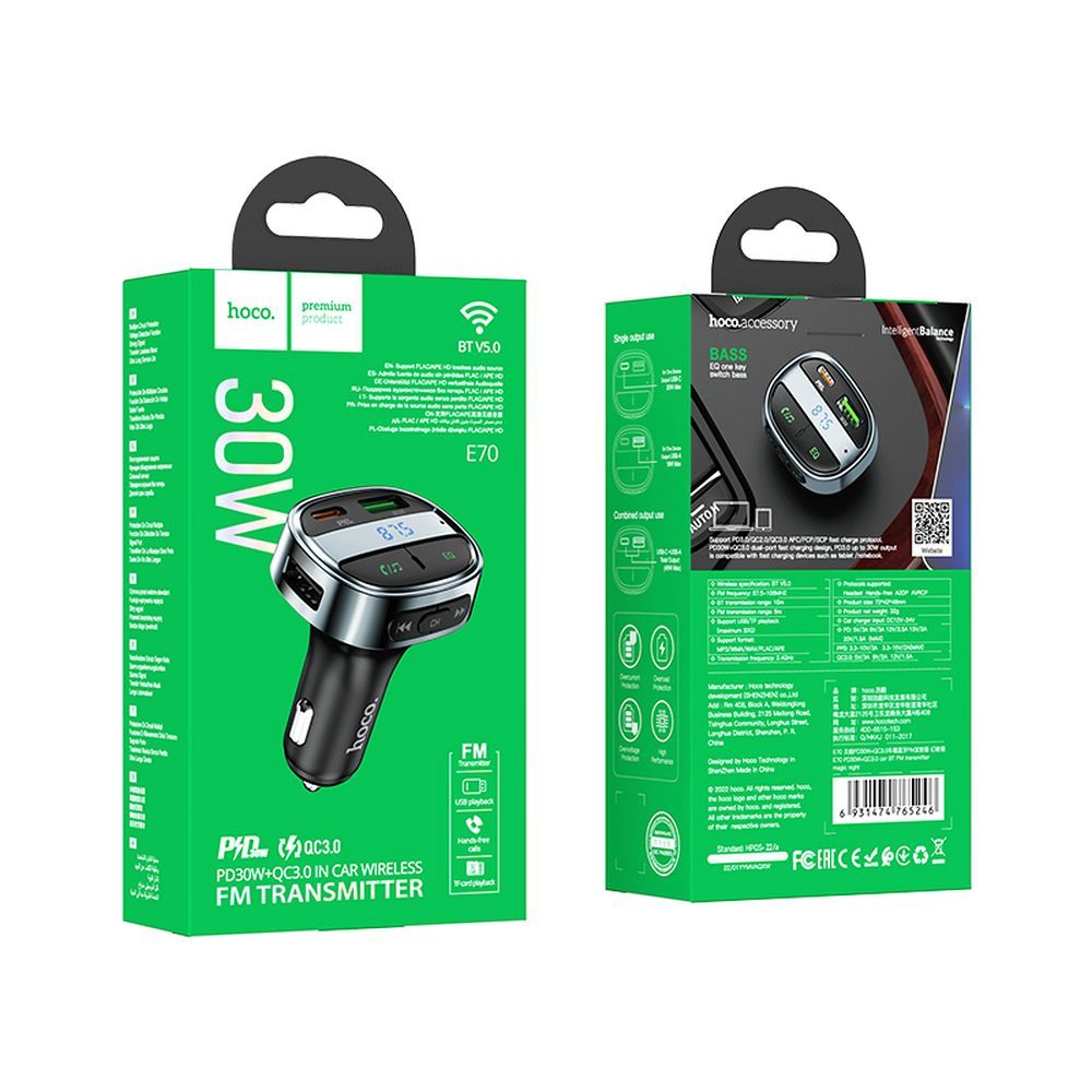 FM Bluetooth Modulator HOCO E70, 1 x USB-A - 1 x USB-C - microSD