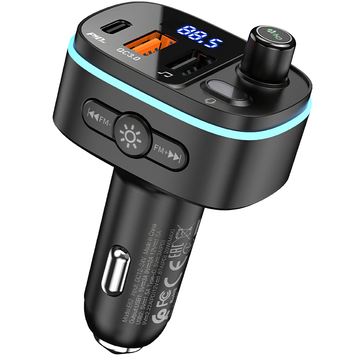 FM Bluetooth Modulator HOCO E62 Fast, 2 x USB-A - 1 x USB-C