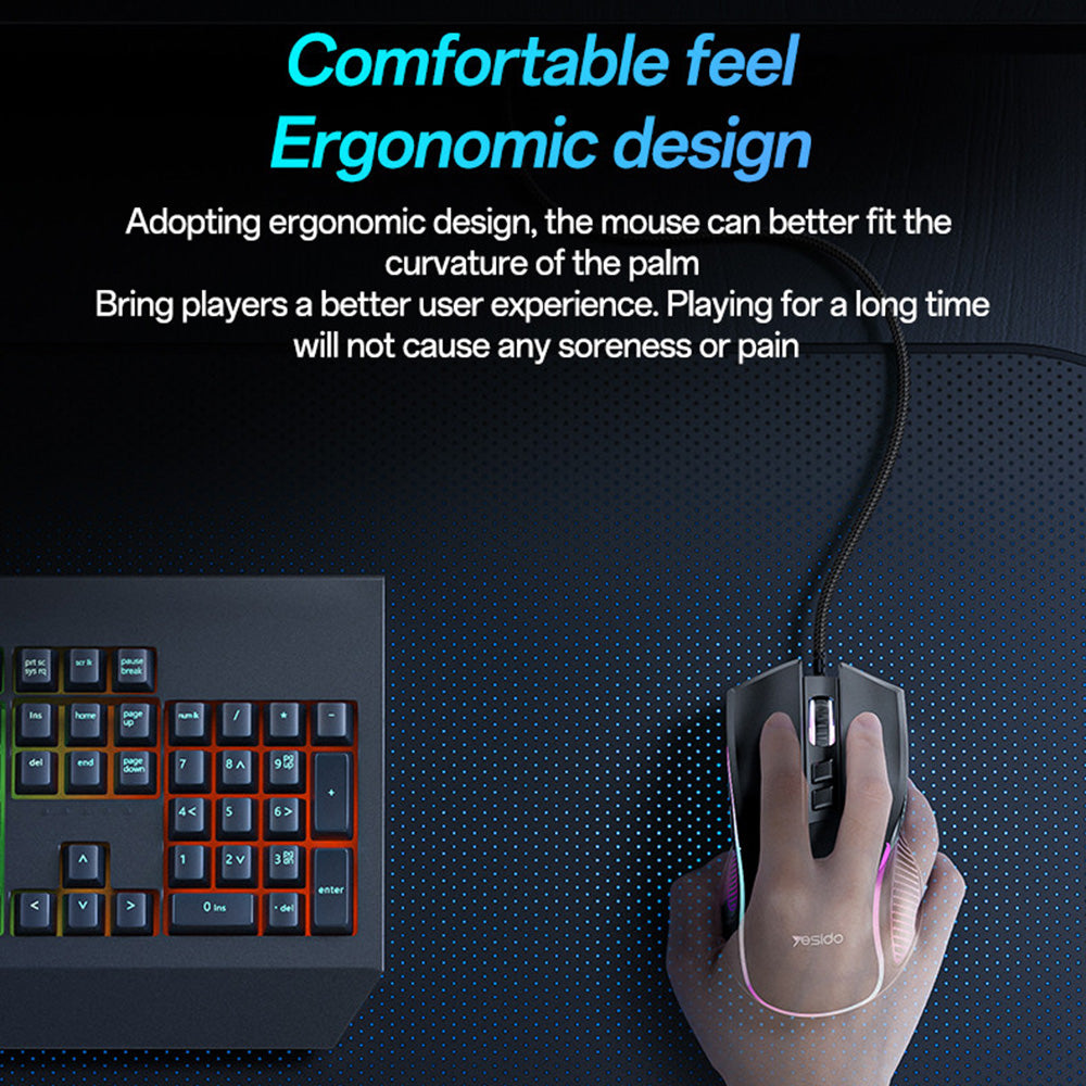 Gaming Muis Bedraad USB Yesido KB20, RGB, 1000DPI - 7200DPI, Zwart