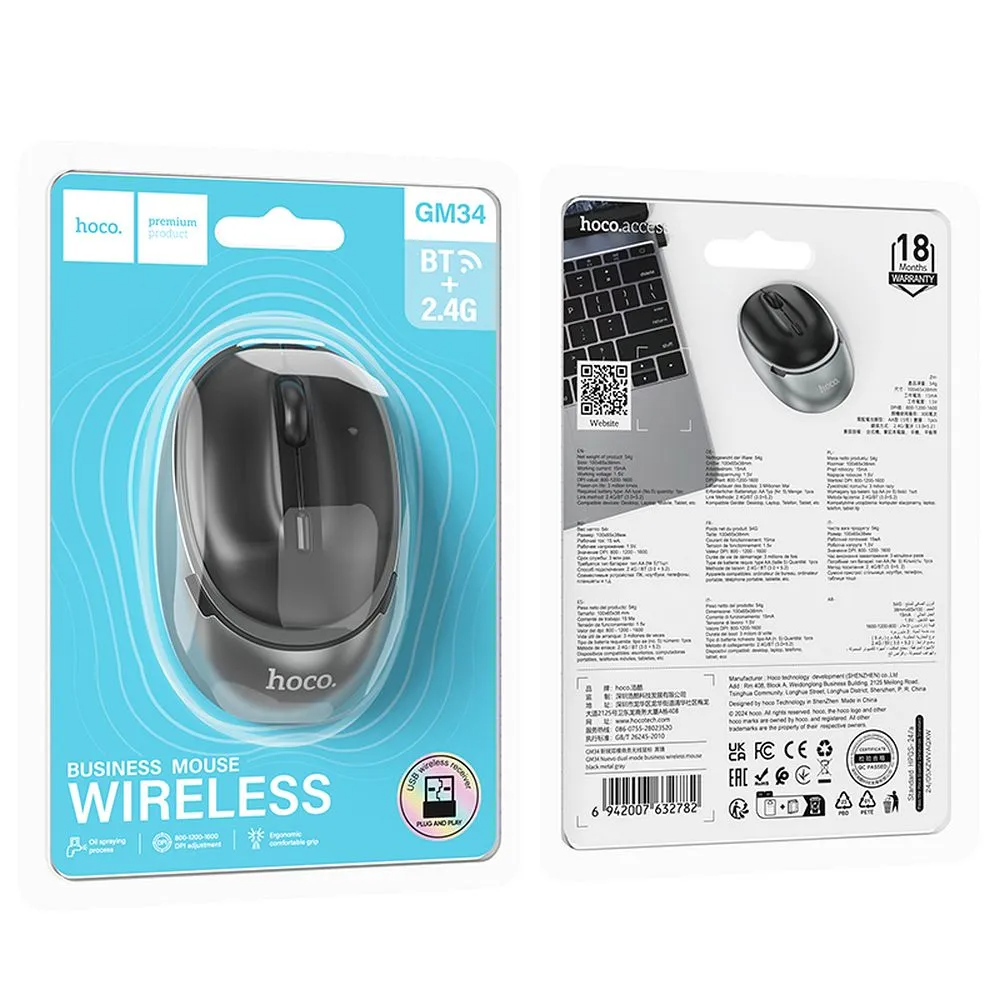 Wireless-Maus HOCO GM34, 1600DPI, BT / Wi-Fi, Schwarz