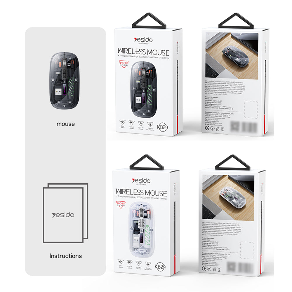 Souris sans fil Yesido KB29, 800DPI - 1600DPI, BT / Wi-Fi, Noir