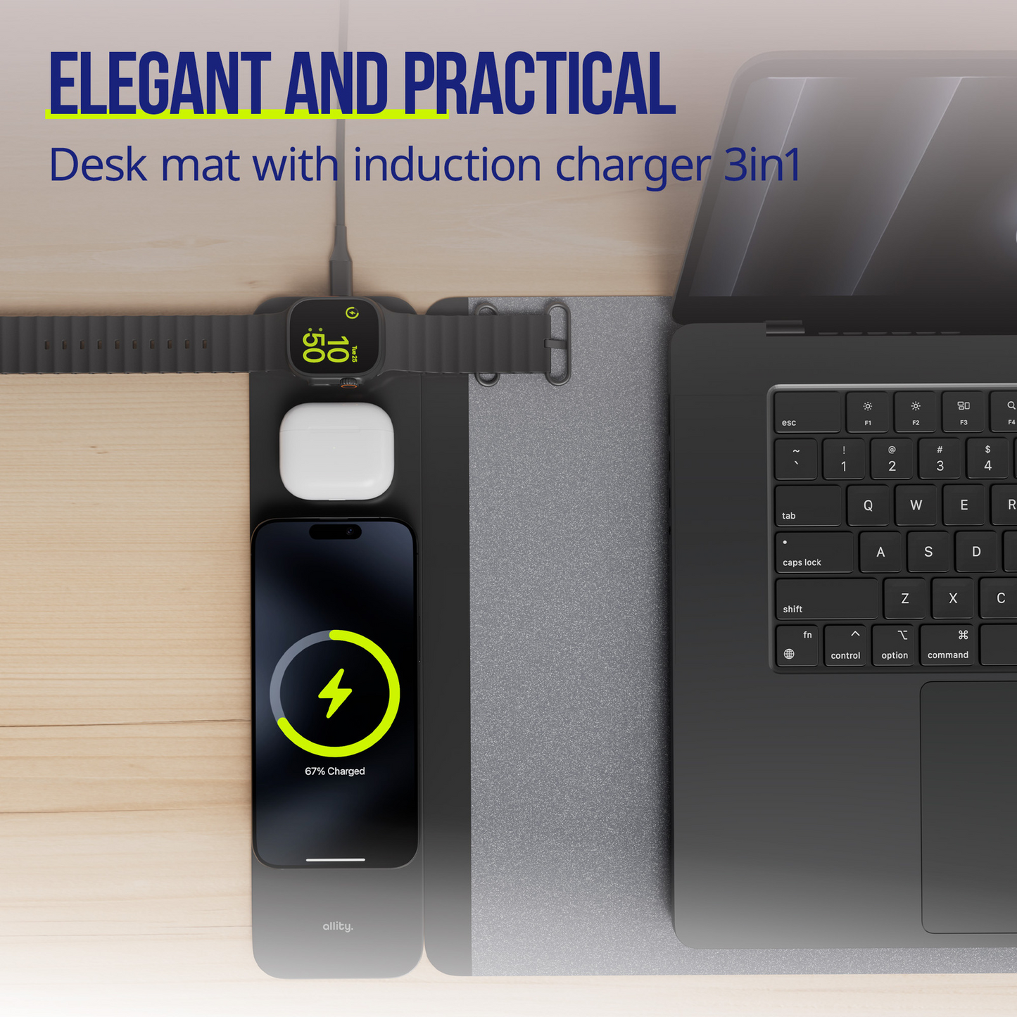 MousePad Allity. ALP-100 4in1 met Draadloos Opladen voor Telefoon / Horloge / Oordopjes, Zwart