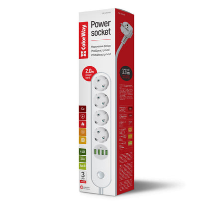 Verlengsnoer ColorWay, 4 x Schuko, Wit