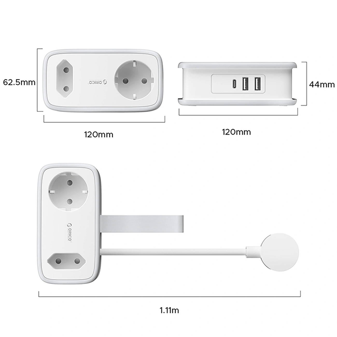 Orico APP Verlängerungskabel, 1 x Schuko - 1 x Steckdose - 2 x USB-A - 1 x USB-C, Weiß Grau