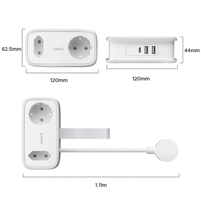 Orico APP Verlängerungskabel, 1 x Schuko - 1 x Steckdose - 2 x USB-A - 1 x USB-C, Weiß Grau