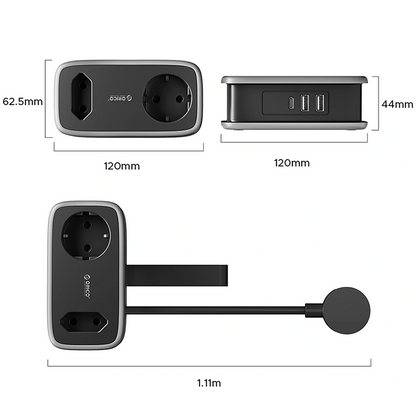 Orico APP Extension Cord, 2 x Schuko - 2 x USB-A - 1 x USB-C, Black Gray