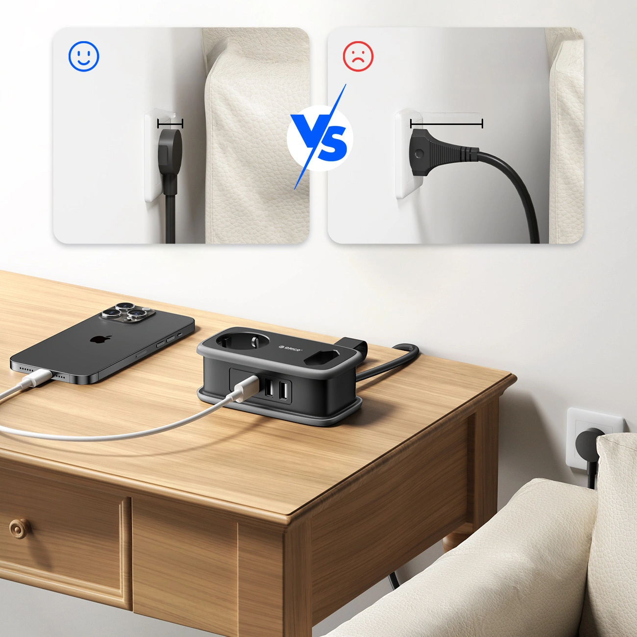 Orico APP Extension Cord, 2 x Schuko - 2 x USB-A - 1 x USB-C, Black Gray