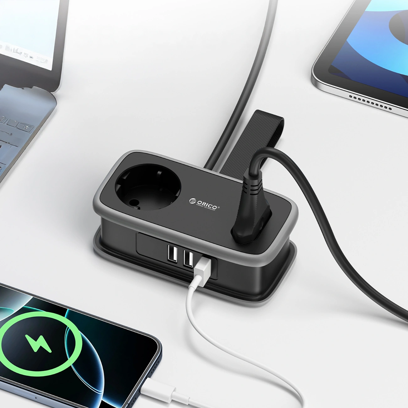 Orico APP Extension Cord, 2 x Schuko - 2 x USB-A - 1 x USB-C, Black Gray