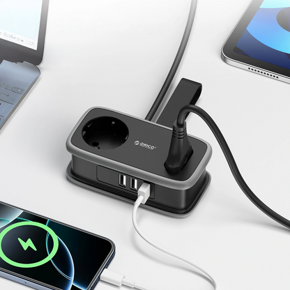 Orico APP Extension Cord, 2 x Schuko - 2 x USB-A - 1 x USB-C, Black Gray
