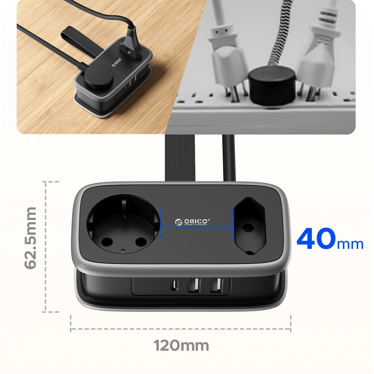 Orico APP Extension Cord, 2 x Schuko - 2 x USB-A - 1 x USB-C, Black Gray