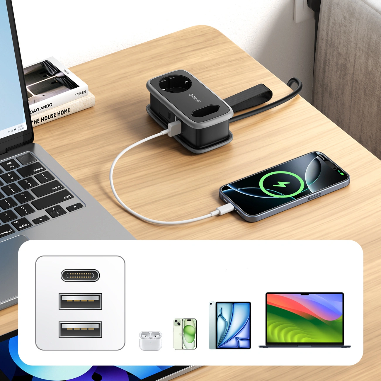 Orico APP Extension Cord, 2 x Schuko - 2 x USB-A - 1 x USB-C, Black Gray