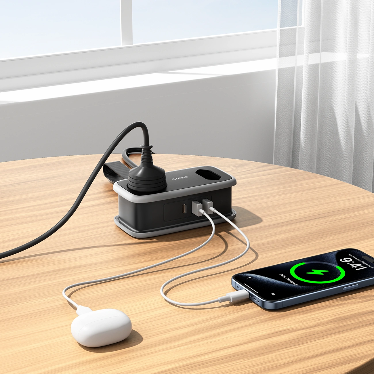 Orico APP Extension Cord, 2 x Schuko - 2 x USB-A - 1 x USB-C, Black Gray