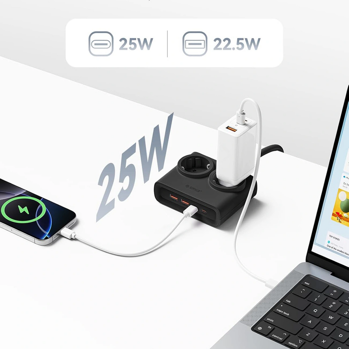 Multiprise Orico PDC25, 2 x Schuko - 2 x USB-A - 2 x USB-C, Noir