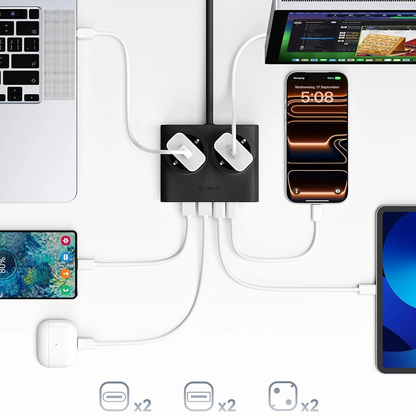Multiprise Orico PDC25, 2 x Schuko - 2 x USB-A - 2 x USB-C, Noir