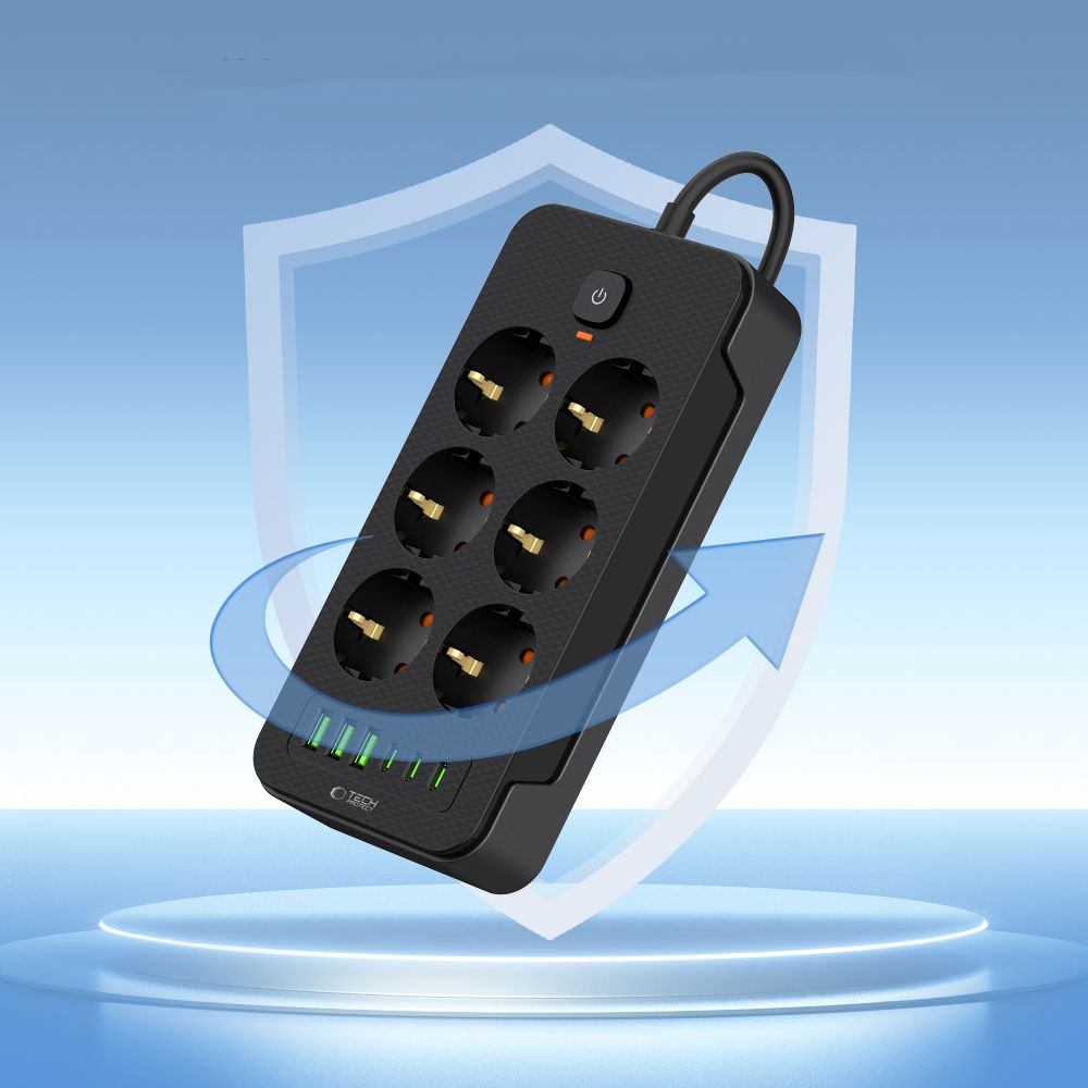 Chargeur réseau Tech-Protect PC6X6, 3 x USB-A - 3 x USB-C - 6 x Schuko, Noir 