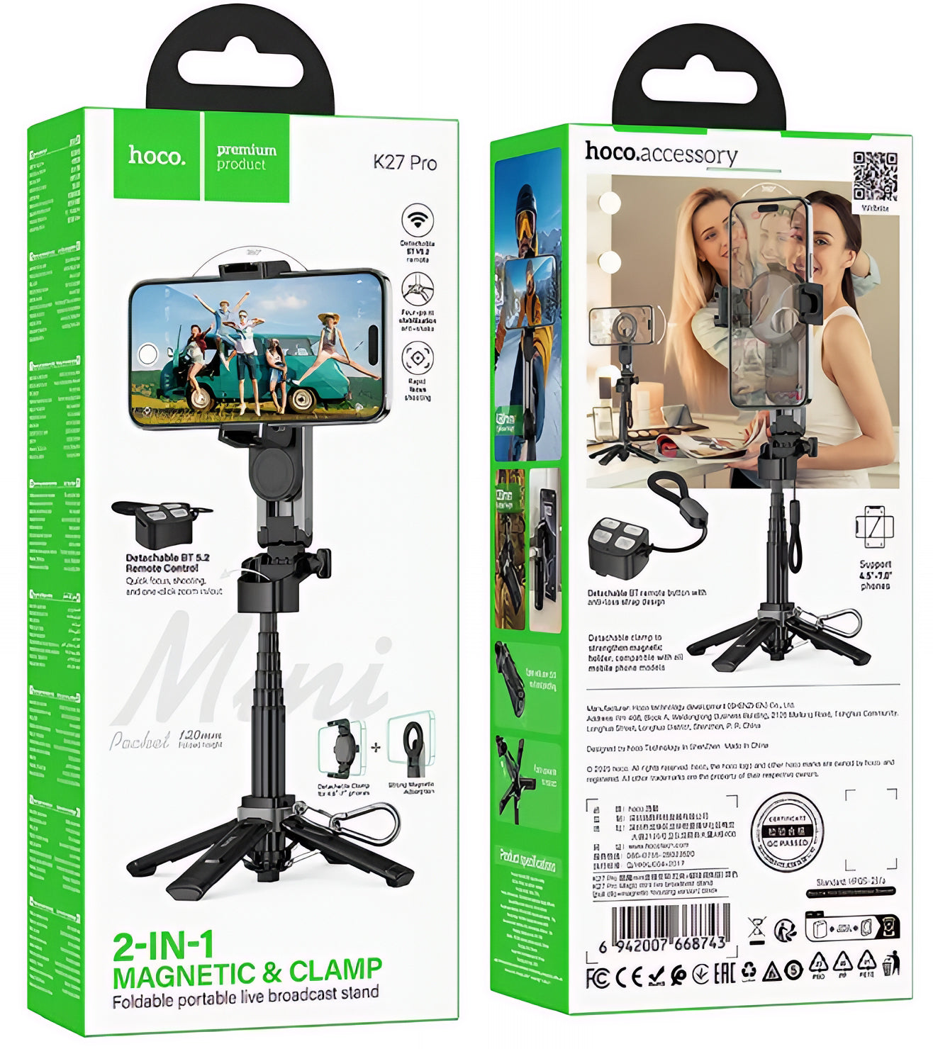 Perche à selfie Bluetooth HOCO K27 Pro, Universelle, Noire