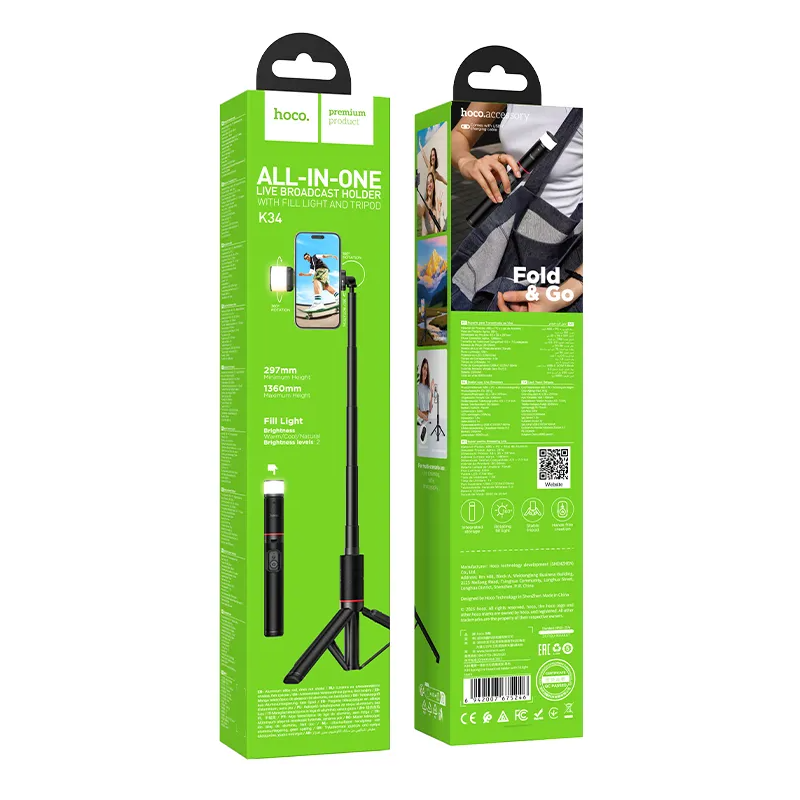 Selfie Stick Bluetooth HOCO K34, 4,5 pouces - 7 pouces, Noir