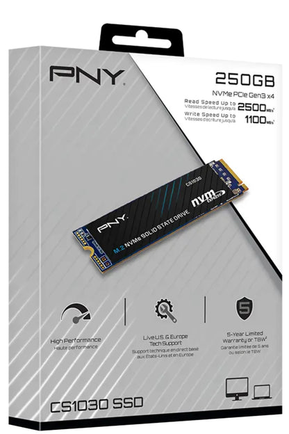 Disque SSD (Solid State Drive) PNY CS1030, 250 Go, NVMe M.2 2280, PCIe M280CS1030-250-RB